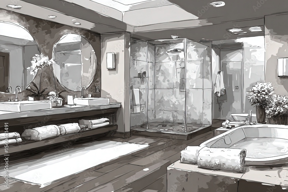 A spacious modern bathroom showcasing sleek elements, natural light from the skylight, and a cozy atmosphere. Features include a glass shower, dual sinks, and neatly arranged towels for convenience.