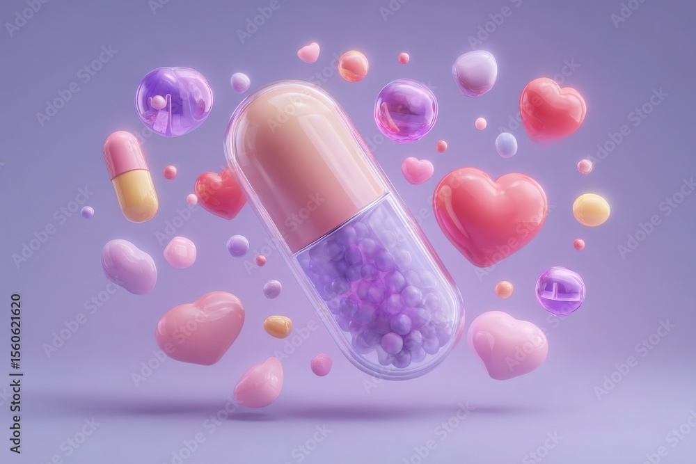 Various pastel capsules and heart shapes float in a gentle purple background, creating a whimsical and playful atmosphere. The composition evokes feelings of health and love.