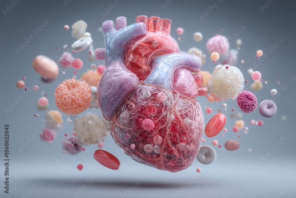 A detailed representation of a human heart prominently displayed in the center, surrounded by a variety of colorful microbes, cells, and bacteria.