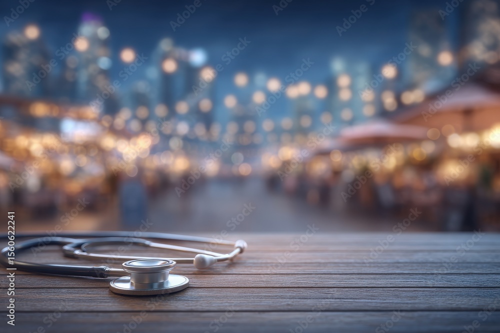A stethoscope rests on a wooden table. In the background, a vibrant outdoor market comes alive with twinkling lights and busy shoppers enjoying the night atmosphere.