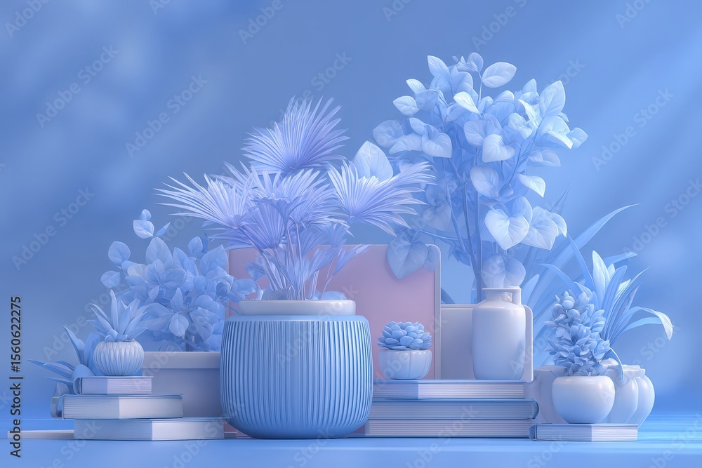 An arrangement featuring potted plants in soothing blue tones, complemented by stacked books and decorative items. This vibrant setup creates a calming atmosphere in an indoor space.