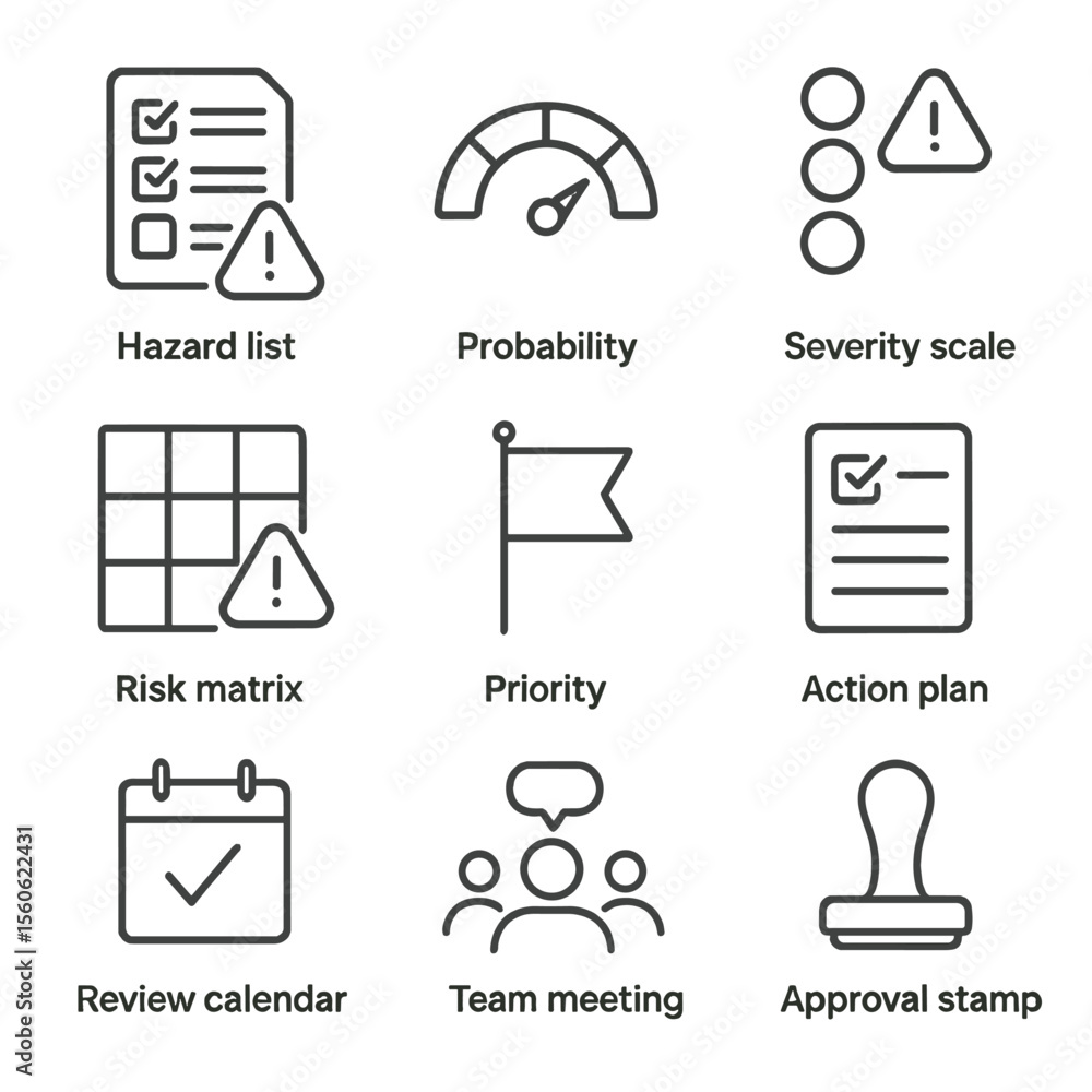 Stock-Vektorgrafik „Risk Assessment Icons. Outline icon set of risk ...