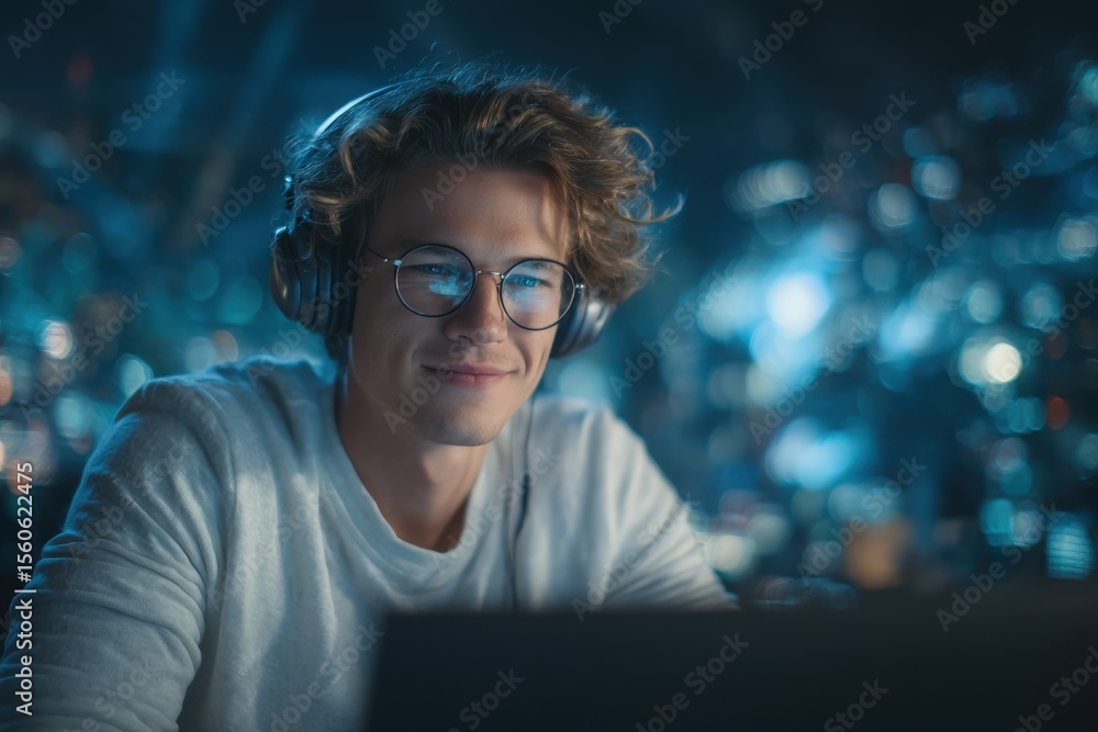 A young male gamer with curly hair and glasses smiles while focused on a screen in a dark, illuminated space filled with vibrant lighting. He wears headphones, engaged in gaming.