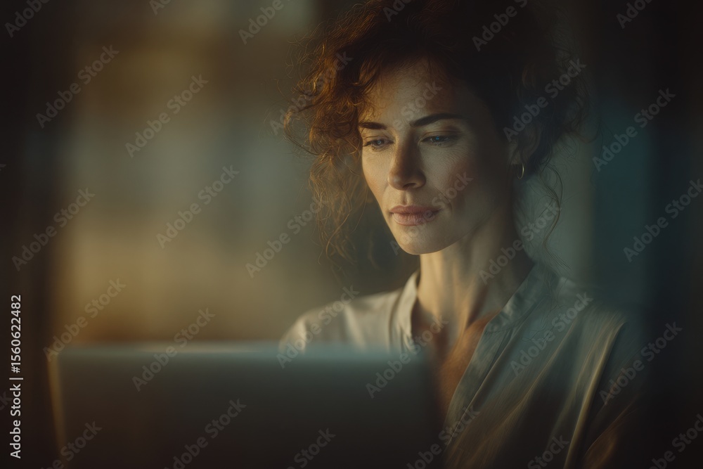 A woman with curly hair intently looks at her laptop screen in a dimly lit space. The warm tones create a cozy atmosphere as she engages in work or study late in the evening.