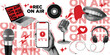 © Zuwairiya - Halftone trendy collage elements, podcast theme. Pop art stickers with bright red doodles, design for blog, cover, club. Cuttings from magazines, punk grunge style