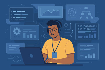 Software engineer coding on laptop analyzing data science algorithms, futuristic virtual interface, programming, IoT development, charts, graphs, analytics, technology innovation