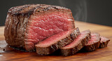 Close-up of a rare filet mignon sliced to reveal a deep red center and soft pink edge, glistening with natural meat juices