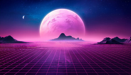 Wall Mural - purple pink planet synthwave landscape 3d render 4k wallpaper retro futuristic vaportwave galaxy