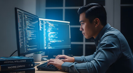 Programmer coding AI algorithm on a computer with glowing screen, late-night tech atmosphere
