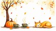 © Fatima - A hand drawn water color illustration of a cozy autumn, hallo ween pumpkin , hallo ween pumpkin on a table ,cat and pumpkin