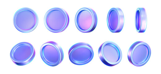 3D holographic coin icon with purple neon effect, isolated on dark background. Iridescent chrome coin render, game token, casino chip, digital currency, or holo reward medal. 3D vector illustration