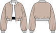 © Md - Cropped bomber jacket technical flat sketch for women’s outerwear design, ribbed hem zip-up fashion illustration, vector mockup for sewing