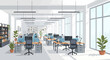 © meeblues - Adobe Illustrator vector flat style illustration of a spacious, modern open-plan office interior with multiple workstations, computers, and lush plants, designed for a productive work environment