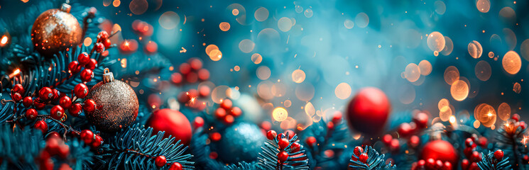 Wall Mural - Christmas tree with many red and gold ornaments. The tree is surrounded by a blue background