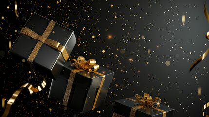 Wall Mural - three black boxes with gold ribbons are flying through the air. the boxes are surrounded by glitter,