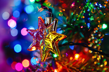 Wall Mural - colorful star ornament hangs on a christmas tree. the star is made of glass and has a shiny, reflect