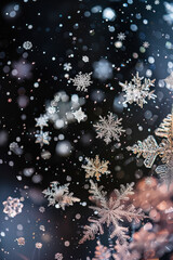 Wall Mural - Snowflake is falling from the sky and is surrounded by other snowflakes. The image has a dreamy and peaceful mood, as if the snowflakes are floating in the air
