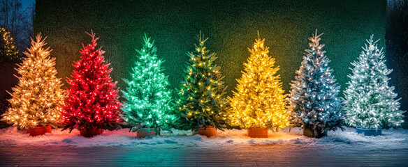 Wall Mural - row of christmas trees with lights on them. the trees are of different colors, including green, yell