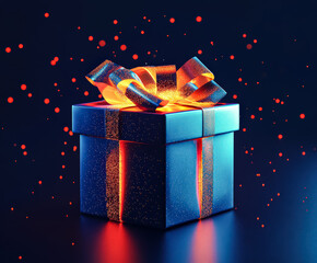 Wall Mural - blue box with a red ribbon on top of it. the box is lit up and surrounded by a lot of sparkles