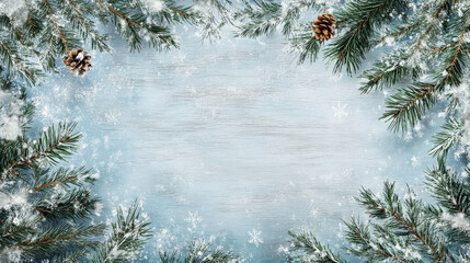 Wall Mural - Blue background with pine trees and snow. The pine trees are covered in snow and there are two pine cones on the right side of the image