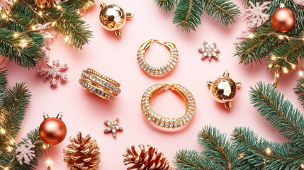 Wall Mural - collection of gold and diamond jewelry is displayed on a pink background with christmas decorations.