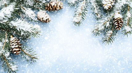 Wall Mural - Snowy pine tree with pine cones on it. The pine cones are scattered throughout the tree and some are on the ground. The snow on the tree and ground creates a peaceful and serene atmosphere