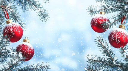 Wall Mural - Christmas tree with red ornaments hanging from the branches. The tree is surrounded by a blue sky