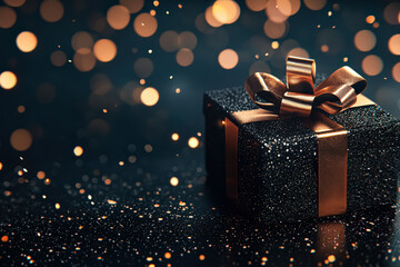 Wall Mural - black box with a gold ribbon sits on a dark background. the box is decorated with a gold bow, and th