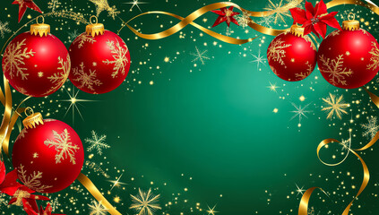 Wall Mural - Green background with red and gold ornaments and snowflakes. The image is a Christmas decoration