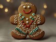 © hodim - One gingerbread man. Traditional original cookie decorated with colored icing. Delicious gingerbread bakery, character from the Christmas fairy tale. Positive emotions, Christmas spirit