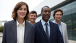 © DOUGLAS - Group of business advisors in suits and casual attire smiling outdoors, modern office building background