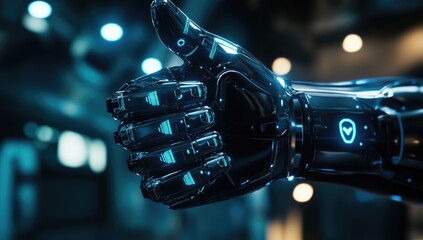 Close-up of a metallic robot arm giving a thumbs-up gesture.  Blue glowing details accentuate the mechanical design.  Dark, futuristic background