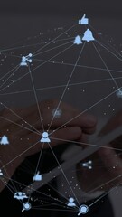 Wall Mural - man uses tablet, animating a global network web with floating icons.