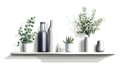 a wallmounted storage shelf clipart, home organization element, line illustration, white and grey, isolated on white background