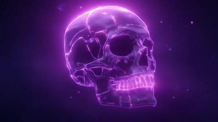 Wall Mural - glowing purple human skull rotating in dark mysterious space background.