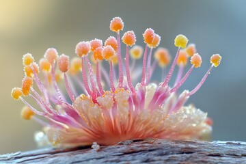 Wall Mural - Close-up of delicate flower stamens, vibrant pink and orange, showcasing intricate details.
