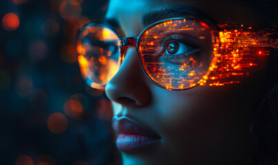 Close-up of woman wearing glasses reflecting glowing data streams and digital code in dark futuristic technology environment for AI and cyber security concept