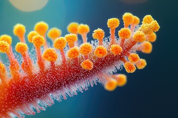 Wall Mural - Microscopic close-up of a vibrant orange hibiscus stamen, showcasing intricate details and pollen.