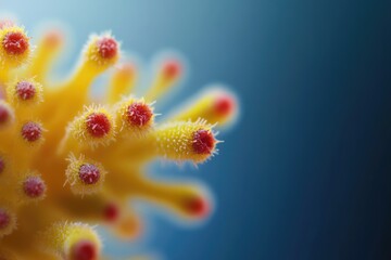 Wall Mural - Close-up of a vibrant yellow flower with red tipped pistils, showcasing intricate detail and texture.