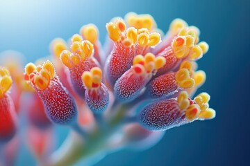 Wall Mural - Close-up of vibrant, dew-covered flower buds in red and orange hues, showcasing intricate details.