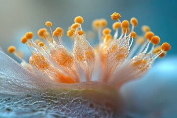 Wall Mural - Intricate close-up of a flower's reproductive parts, showcasing vibrant pollen and delicate petals.