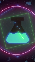 Wall Mural - animation of neon shapes and beaker on black background
