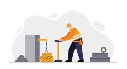 A construction worker in a flat design style is operating machinery to lift materials, suitable for website banners, landing pages, or marketing infographics.