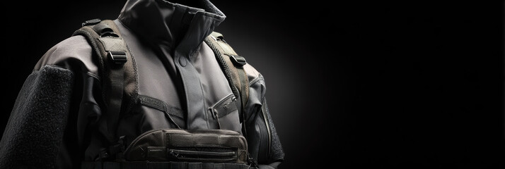 Wall Mural - Folded tactical jacket with chest-rig overlay, dual-tone fabric, neoprene, and ballistic nylon illuminated - fashion banner