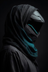 Wall Mural - Cinematic side portrait of techwear helmet and scarf combo, sharp angles and deep shadows across face,