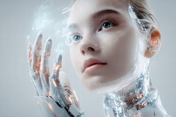 Wall Mural - futuristic technology utopia, young adult interacting with holographic interface, clean white background