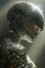 Wall Mural - Dramatic profile portrait of mannequin with ventilated helmet and sculpted shoulder pads, 