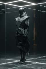 Wall Mural - Obsidian black techwear armor-coat on mannequin, sharp polygonal shoulders, integrated spine plate, sculptural fashion silhouette hard-edged white light 