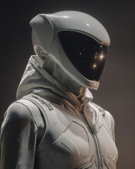 Wall Mural - White ceramic-tech chest plate integrated into matte gray trench, displayed on static mannequin with half face visible, brutal spot reflections across chest,