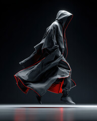 Wall Mural - Dramatic fashion shot of a mannequin mid-turn in hooded techwear cloak, swirling motion, neon-accented lining revealed inside spotlight from top